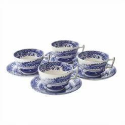 Spode Blue Italian Set Of 4 Teacups & Saucer