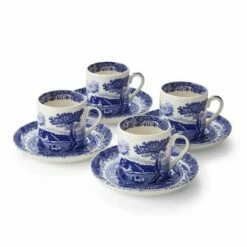 Spode Blue Italian Set Of 4 Coffee Cups & Saucer