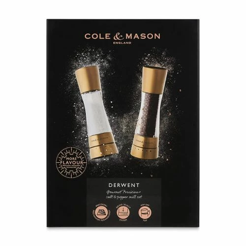 Cole & Mason Gourmet Precision+ Derwent 190mm Clear & Matt Gold Salt & Pepper Mill Gift Set - Image 2