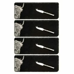 The Just Slate Company Set Of 4 Highland Cow Mini Slate Cheese Board & Knife Sets