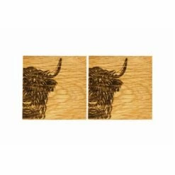 The Just Slate Company Set Of 2 Highland Cow Oak Coasters