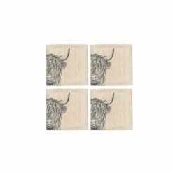 The Just Slate Company Set Of 4 Highland Cow Linen Coasters