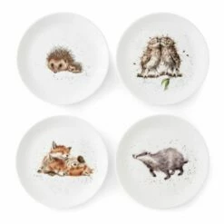 Wrendale Designs Set Of 4 Coupe Plates, 21cm (Badger, Hedgehog, Fox & Owl)